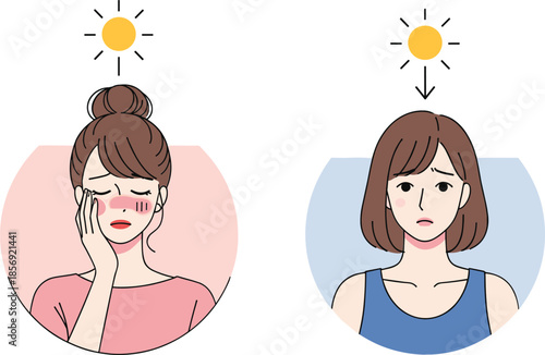Woman with headache and depression mood concept sad female emotion mental health illustration set