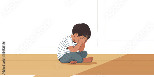 Sad lonely child sitting on the floor with head down showing childhood depression, emotional pain, mental health and trauma concept illustration.