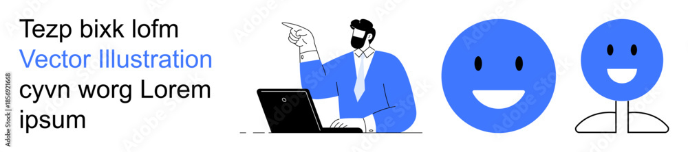 Fototapeta premium Digital communication, creativity, remote work, education, team engagement, user interface design. A man with a laptop and blue happy icons. Communication and creativity concept