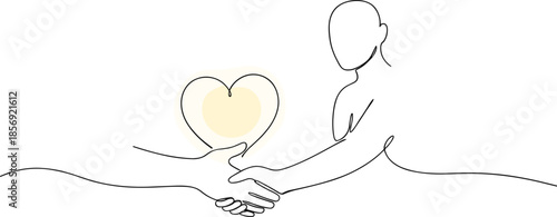 PrintMinimalist line art of handshake with heart symbol representing compassion, support, empathy, and human connection
