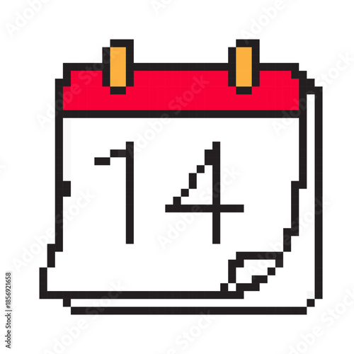 Pixel art calendar icon with number 14 for Valentine’s Day. Cute 8-bit love and romance date symbol for February 14, holiday card, game, app, sticker, and social media design.