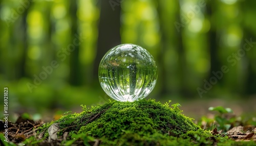 Dew drops on green grass reflect a blue sky and lush trees like a glass globe, capturing a miniature world of nature and eco environment within an abstract water sphere