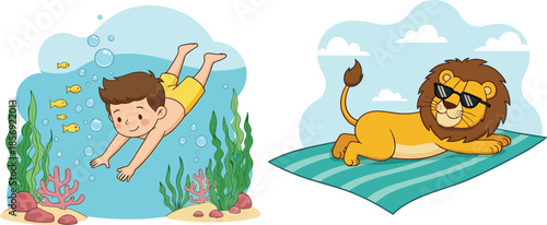 Boy swimming underwater and lion sunbathing concept summer fun wildlife and leisure cartoon illustration set