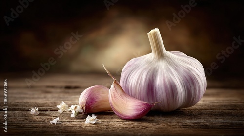   Close-up of garlic on a table; garlic pieces in the foreground and whole garlic in the background