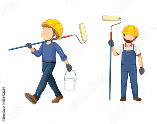 Two painters with paint rollers and bucket on white background Keywords: painters, painting