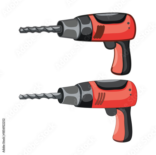 Two red and black cordless drills on white background