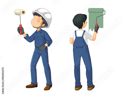 Two painters with paint roller and brush on white background