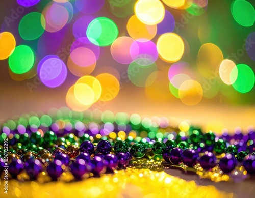 Purple green and gold beads illuminated by bright bokeh lights. Mardi Gras background with blurred lights and sharp foreground beads.