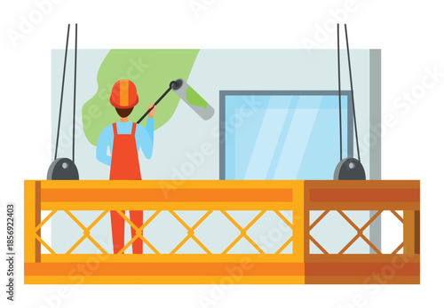 Window cleaner on suspended platform washing building exterior Keywords: window cleaner