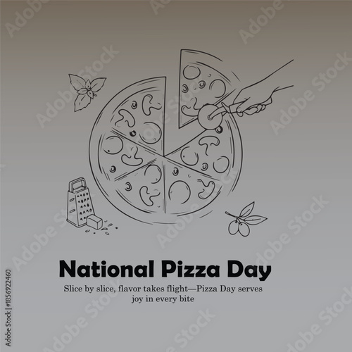 Hand-drawn pizza slice vector with basil, olives, and cheese grater for National Pizza Day celebration design