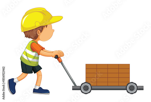 Boy in hard hat pushing a cart of bricks on white background