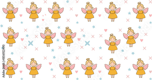Cute angel girl seamless pattern with wings hearts and stars pastel cartoon illustration background