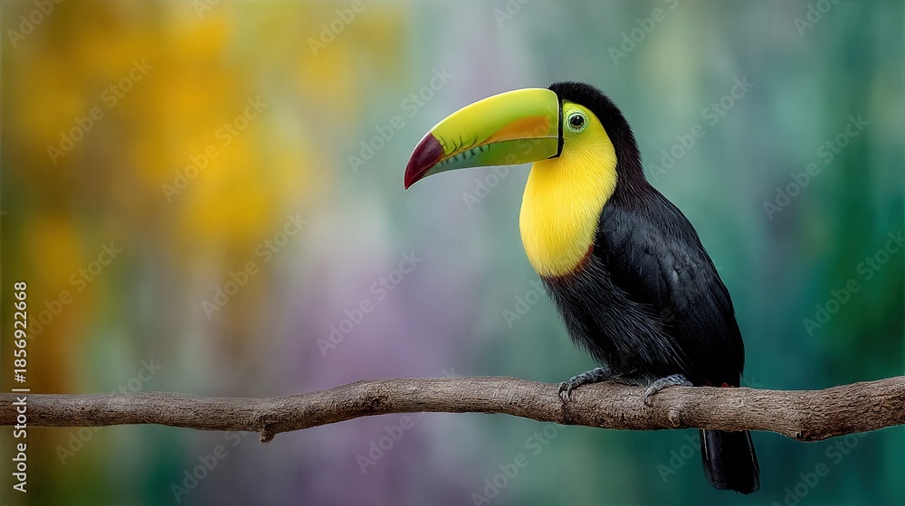Obraz premium A yellow and black toucan perched on a green branch against a blurred backdrop of purple flowers
