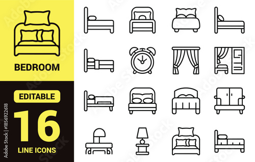 Set of Minimalist Bedroom Line Icons Featuring Various Bed Designs, Nightstands with Lamps, Alarm Clocks, Curtains, and Home Decor Symbols
