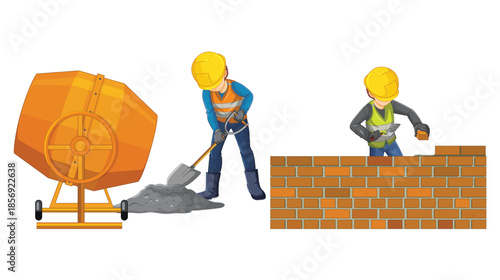 Cement mixer, worker shoveling gravel, and brick wall construction