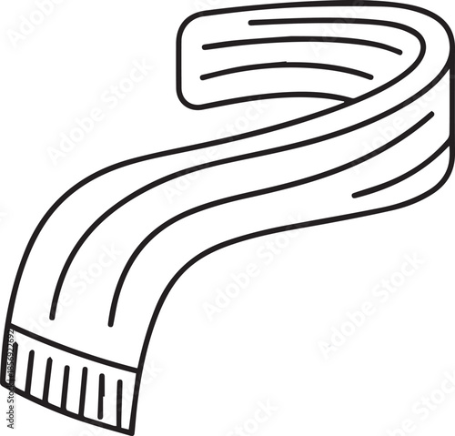 A minimalist black and white vector outline of a long, flowing winter scarf with striped details and fringed ends, designed in a simple linear style.