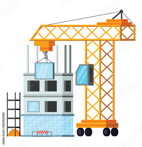 Construction Crane Building and Ladder on White Background