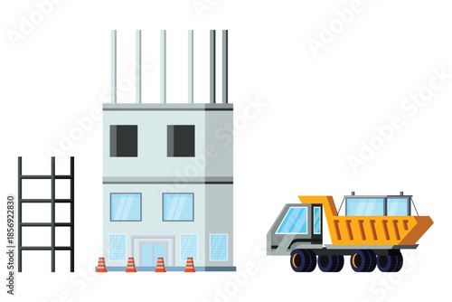 Construction site with building frame dump truck and cones