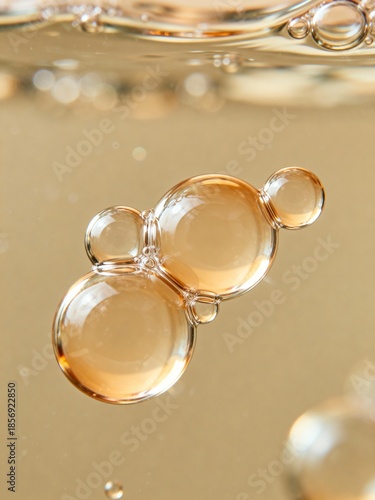Abstract macro photo of golden oil bubbles floating in clear liquid on a soft beige background. Minimal cosmetic texture concept for skincare, spa, beauty and wellness design.
