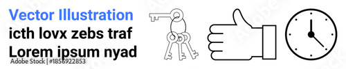 Security, decision-making, time management, approval systems, punctuality, and scheduling. Keys, thumbs-up symbol and clock in monochromatic design. Security and decision-making concepts