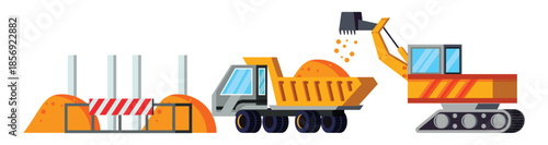 Construction site with excavator and dump truck machinery