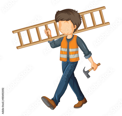 Construction worker carrying ladder and hammer on white background