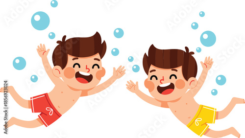 Cute cartoon boys swimming underwater with bubbles happy children summer water activity illustration set