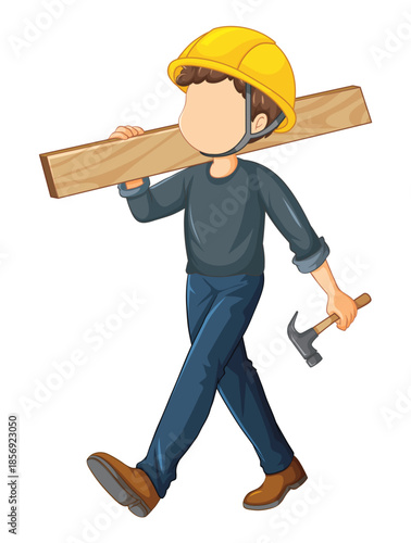 Construction Worker Carrying Wood Plank and Hammer