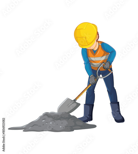 Construction worker digging with shovel on white background