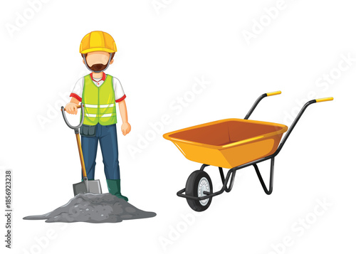 Construction worker with shovel and pile of dirt next to wheelbarrow