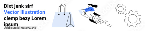 Business processes, innovation, e-commerce, technology, teamwork, futuristic design. Shopping bag with handle, flying person on a jetpack gear icons. Business processes and innovation concepts