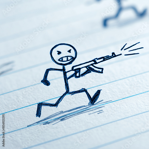 Angry stick figure drawing running with a rifle on lined paper.