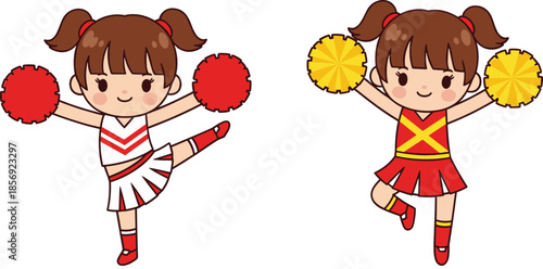Cute cartoon cheerleader girls dancing with pom poms playful kids sports performance illustration set isolated