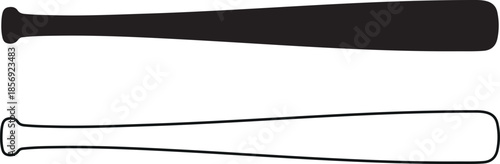 A black baseball bat and its outline are displayed on a white background