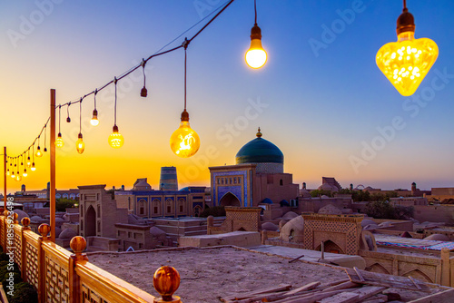 Kalta Minor minaret at sunset. UNESCO cultural heritage site. Itchan Kala, inner town of the city of Khiva, Uzbekistan