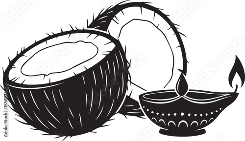 Coconut and traditional Indian diya lamp for Diwali celebration