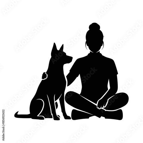 Protective dog with owner silhouette, loyalty and companionship vector