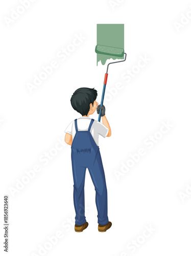Man Painting Wall with Roller on White Background painter