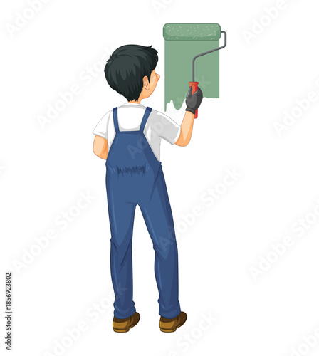 Painter in overalls painting a wall with a roller vector
