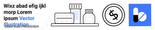 Healthcare, pharmaceutical services, medication costs, pharmacy business, prescription drugs, health insurance. Medicine bottles, pills dollar sign icon. Healthcare and pharmaceutical services