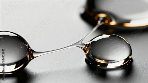 Abstract macro shot of two glossy liquid drops connected by a thin bridge on a dark metallic surface. Futuristic fluid connection concept for science, technology and cosmetic design.