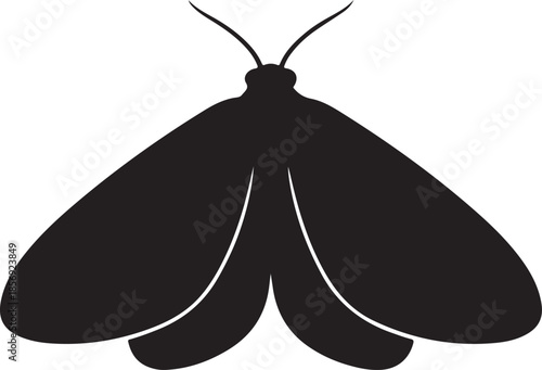 A simple black silhouette of a moth with outstretched wings displayed prominently