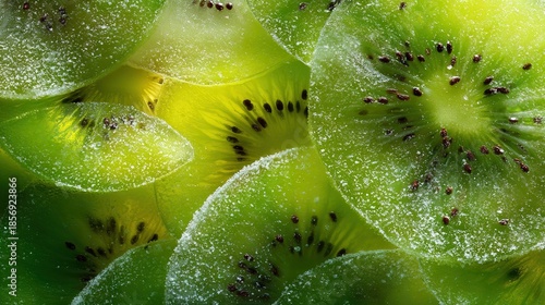   A close-up of a kiwi with dewdrops on its top