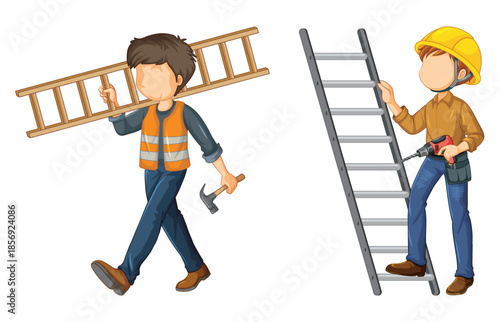 Two cartoon construction workers with tools and ladders