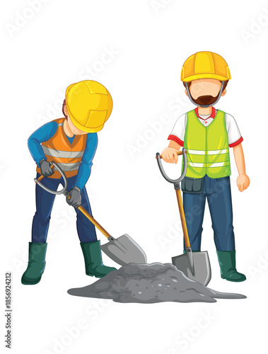 Two construction workers with shovels and dirt pile