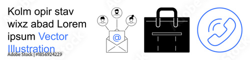 Communication, networking, business tools, customer support, team collaboration, email marketing. Icons of email, briefcase and a phone symbol. Communication and networking visual