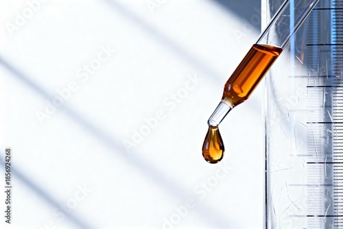Closeup of glass dropper with amber liquid serum above a transparent measuring cylinder on a bright white background. Minimal scientific concept for cosmetics, skincare and laboratory research.

