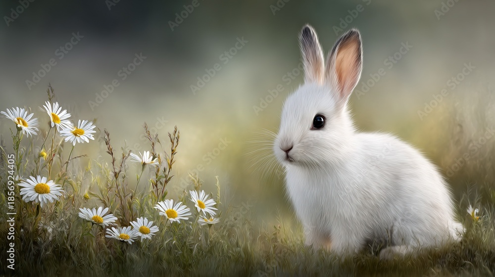 Fototapeta premium A white rabbit sits among daisies in a blurred background