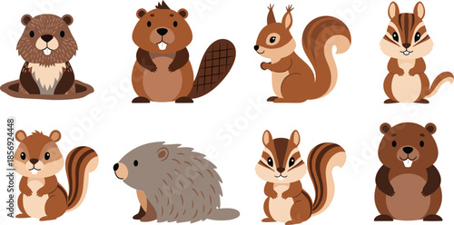 Cute cartoon forest animals set featuring beaver squirrel chipmunk and hedgehog woodland illustration collection