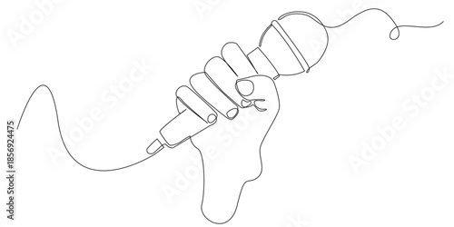 Continuous line drawing of a hand holding a microphone, symbolizing singing, music performance, vocal expression, and live entertainment. Single line illustration.